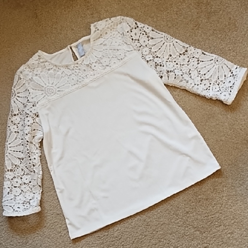 Nora Cora Blouse Women's Size Large Summer Sheer Lace Sleeves Lightweight  White